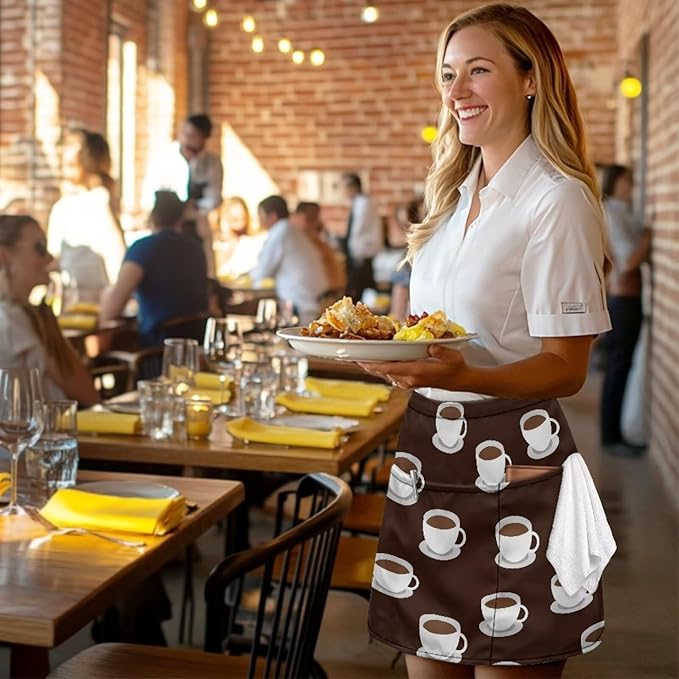 Server Waitress Waist Apron with 3 Pockets, Short Aprons for Servers,Waiter Apron For Waiter Accessories