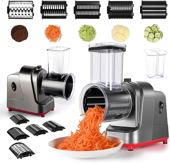 Silksway Gallery Electric Cheese Grater, 250W Salad Maker with 5 Stainless Steel Blades, Slicer Shredder for Cheeses, Vegetables & Fruits, One-Touch Operation, Easy to Clean, Cheese Shredder Machine