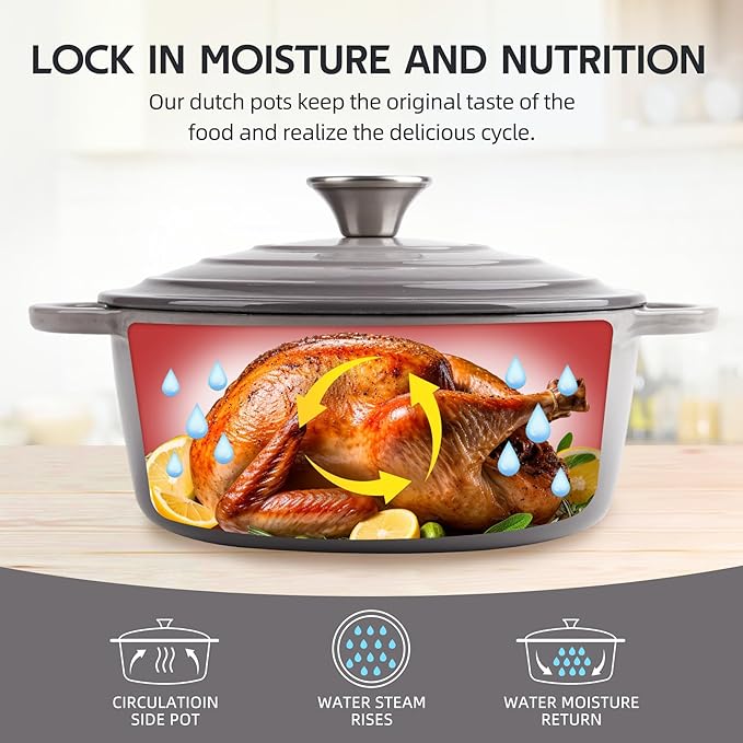 4 Quart Dutch Oven Enameled Cast Iron with Lid - Big Dual Handles - Oven Safe up to 500°F - Classic Round Pot for Versatile Cooking Light Gray