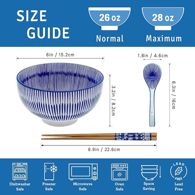 Japanese 28 Oz Ceramic Ramen Noodle Soup Cereal Pho Rice Salad Bowl Set with Chopsticks and Spoons, Premium Gift Set for House Warming, Birthday, Holiday, Microwave Safe, Dishwasher Safe
