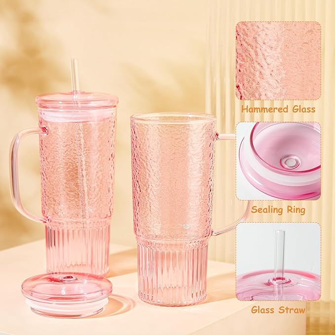 Glass Cups with Lids and Straws,24oz Glass Tumbler with Handle Iced Coffee Cup for Coffee,Juice,Tea,Milk,Smoothie,Hot & Cold Drinks (Pink)