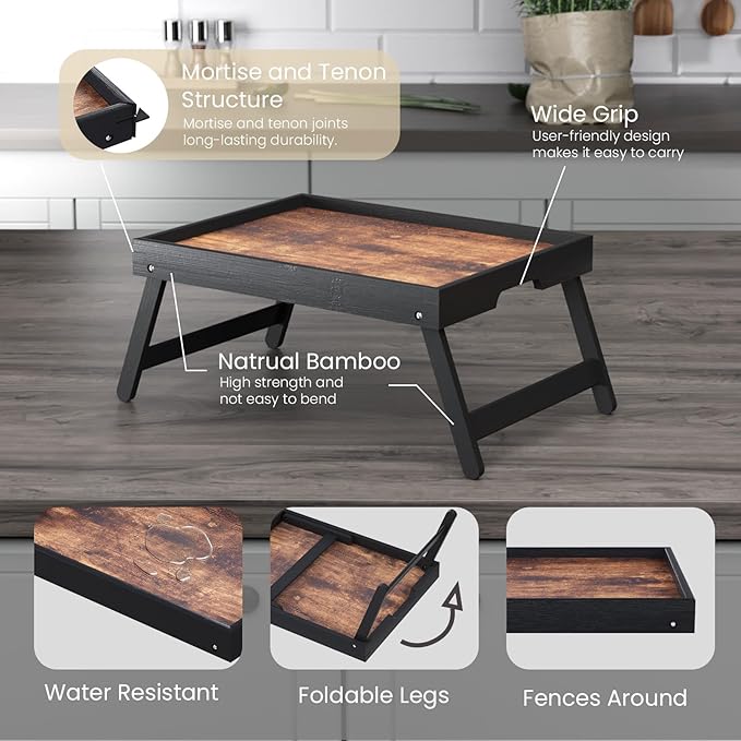 2 Pack Wooden Bed Tray Table with Folding Legs,Breakfast Trays,Serving Tray for Food and Snack,Laptop Trays for Working