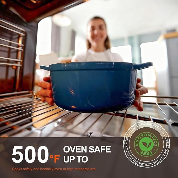Overmont Enameled Cast Iron Dutch Oven - 5.5QT Pot with Wide Handles Lid Cookbook & Cotton Potholders - Heavy-Duty Pre-Seasoned Cookware Oven Safe to 500°F for Braising, Stews, Roasting, Bread Baking