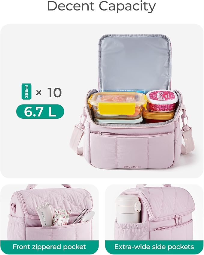 BAGSMART Insulated Lunch Bags for Women, Cute Quilted Lunch Box, Lightweight Puffy Padded Waterproof Lunch Tote, Reusable Lunch Cooler for Work Picnic Travel, Camel