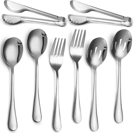 Patelai 8 Pcs Silver Stainless Steel Serving Utensils Set 8.7" Large Spoons and Slotted Spoon 9.45" Tong 9" Forks Flatware Wedding Valentine's Day Holiday Party Buffet Banquet Cooking Kitchen Catering