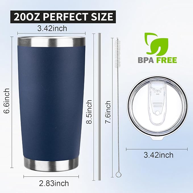20oz Tumbler with Lid and Straw Double Wall Powder Coated Vacuum Insulated Coffee Tumbler Stainless Steel Insulated Travel Coffee Mug Spill-Proof Thermal Cup for Hot and Cold Beverage,Navy Blue