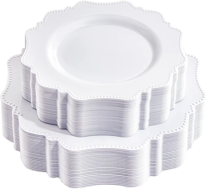 COLOSUS 60PCS White Plastic Plates for 30 guests-Fancy Plastic Beaded Plates,Plastic Plates for Party, Elegant White plates,Include 30 PCS 10.5" Dinner plates & 30PCS 8.25" Dessert plates for easter