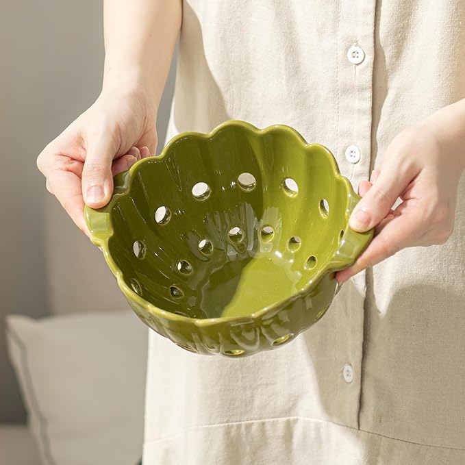 6" Scallop Ceramic Berry Basket with Handles,Round Colorful Stoneware Colander, Small Fruit Container for Strawberry & Kitchen Counter,Moss Green