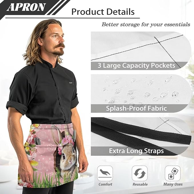 Server Waitress Waist Apron with 3 Pockets, Short Aprons for Servers,Waiter Apron For Waiter Accessories