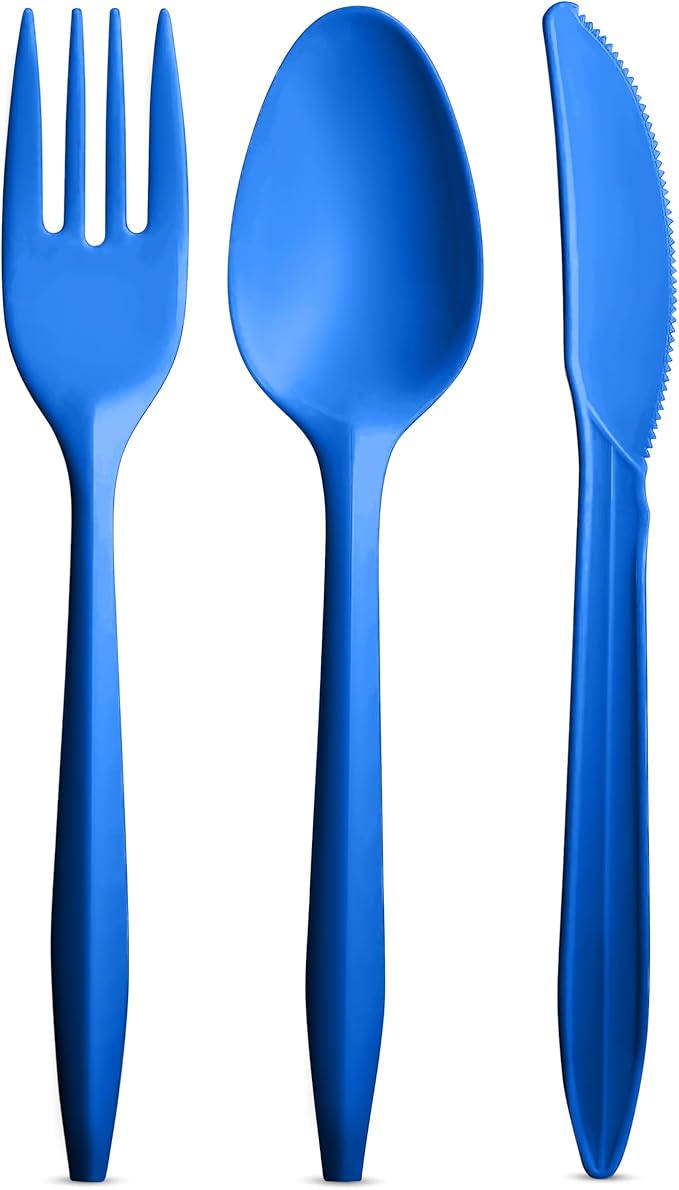 1000 Count Blue Silverware Set, 334 Plastic Forks, 333 Spoons, 333 Knives, Medium Weight BPA Free Disposable Cutlery Set, Bulk Combo Pack Flatware Set for Party Supplies