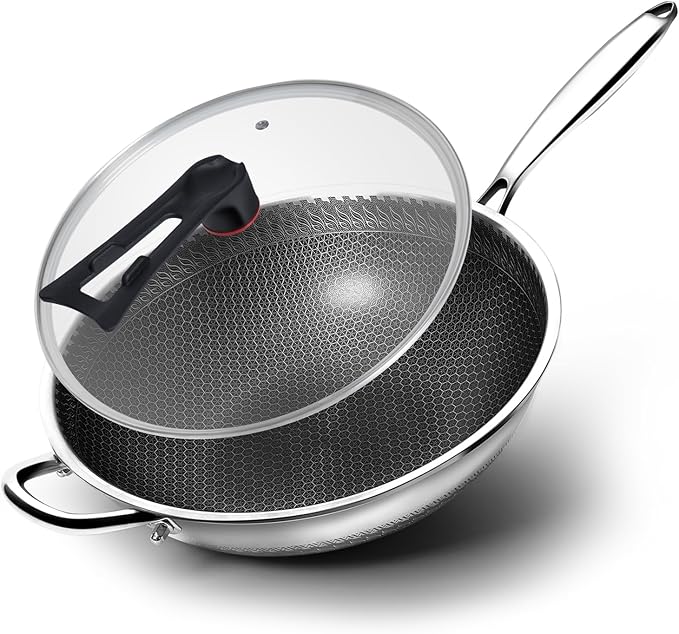WANGYUANJI Honeycomb Stainless Steel Wok Pan with Lid, 12.6 Inch Hybrid Nonstick Stir Fry Pan Flat Bottom, PFOA-Free, Induction Compatible, Dishwasher Safe, No Seasoning Needed (Serves 3-4)