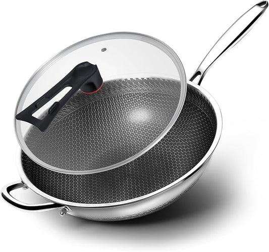 WANGYUANJI Honeycomb Stainless Steel Wok Pan with Lid, 12.6 Inch Hybrid Nonstick Stir Fry Pan Flat Bottom, PFOA-Free, Induction Compatible, Dishwasher Safe, No Seasoning Needed (Serves 3-4)