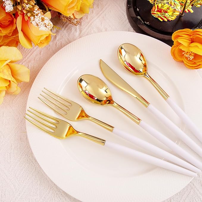 Rubtlamp 96Pcs Gold Plastic Silverware, Gold Plastic Utensils with White Handle, Gold Silverware Set Includes: 32 Knives, 32 Plastic Spoons And 32 Forks
