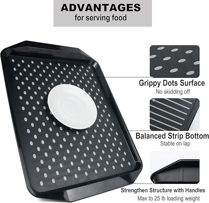 KAQAHIDO Large Non Slip Serving Tray with Grippy Dots, TV Lap Trays for Eating on Couch, Meal Serve for Dinner Breakfast, Rectangular Food Carrying for Plates, Glasses, Dishes, Set of 2, Black