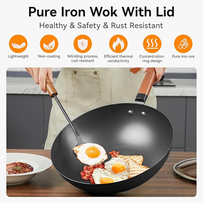 WANGYUANJI 12.6" Carbon Steel Wok Pan with Lid, Lightweight Stir Fry Pan with Flat Bottom, Induction Compatible Chinese Cookware for Electric, Gas & Glass Top Stoves, No Coating, 2.5lb