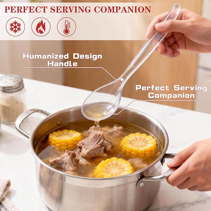 Mwellewm 10" Serving Spoons for Buffet Parties Plastic Serving Utensils 12 Packs Disposable Spoons for Buffet Large Heavy Duty Clear Plastic Soup Spoons Catering Supplies for Wedding Gathering Holiday