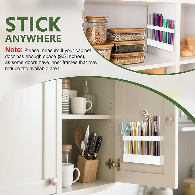 9.5" Large Acrylic Straw Holder for Cabinet Door - Reusable Tumbler Straw Organizer Storage, Small Kitchen Accessories Container, Ultra Sticky Cupboard Door Mounted (White)