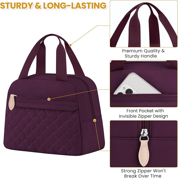 Insulated Lunch Bag for Women, Portable Lightweight Lunch Box for Adults, Reusable Small Lunch Tote Cooler Bags with Front Zipper Pocket for Work School Picnic(Wine Red)