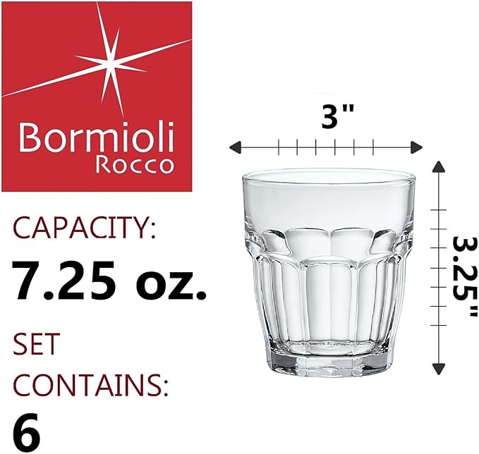 Bormioli Rocco Rock Bar Juice Glasses, Set of 6-7.25 Oz. Stackable Drinking Glasses for Cocktails, Desserts & Soft Drinks - Space-Saving Everyday Glass Tumblers, Dishwasher Safe