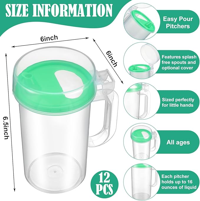 12 Pack Early Learning Kids Easy Pouring Mini Pitchers Clear Plastic Pitcher with Lid and Handle Easy Pour Bottles 16 Oz. Jugs with Lids for Classroom Nursery Home (Light Green)
