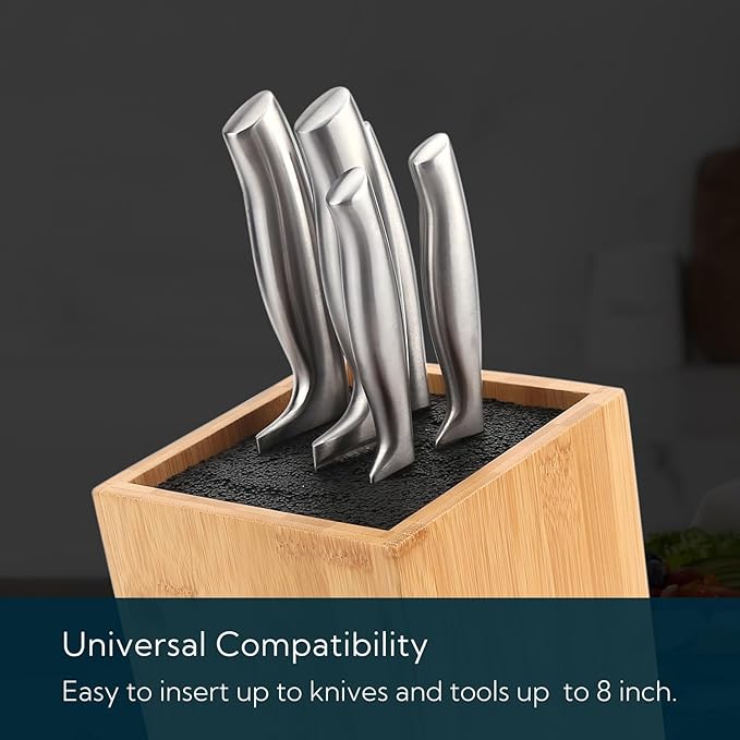Bamboo Universal Knife Block with Bristles Bamboo Knife Stand Organizer Holder, Convenient Safe Storage for Knives & Utensils, Detachable Bristles for Easy Cleaning -by KITCHENDAO
