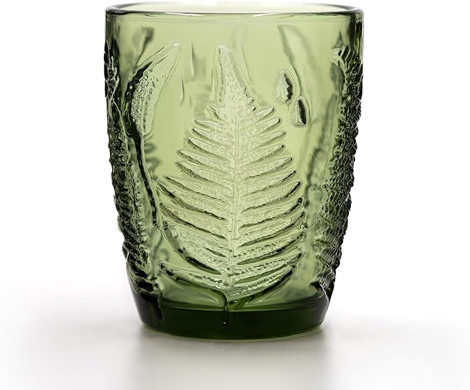 Vintage Green Drinking Glass, 10 oz Hand-Pressed Deep Textured Glass Cup, Fern Embossed Retro Glassware, Decorative Tumbler for Water, Cocktails & Juice, Boho Colored Kitchen Drinkware, Unique Gift