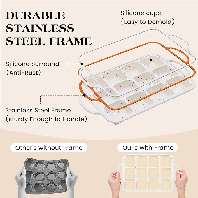 1 Pc Brownie Pan with Dividers Silicone Nonstick Mini Individual 12 Cup Square Muffin Cupcake Pans with Metal Frame(Cream)