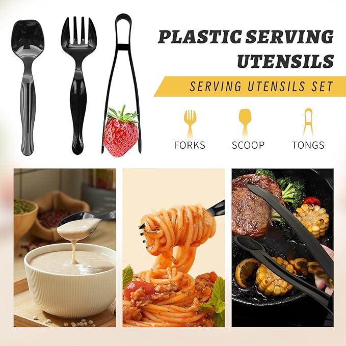 36PCS 9'' Plastic Serving Utensils Set Large Disposable Serving Spoons Forks Tongs for Serving Food Heavy Duty Black Large Party Utensils Supplies for Buffet Restaurant Dinner Salad Noodles Soup