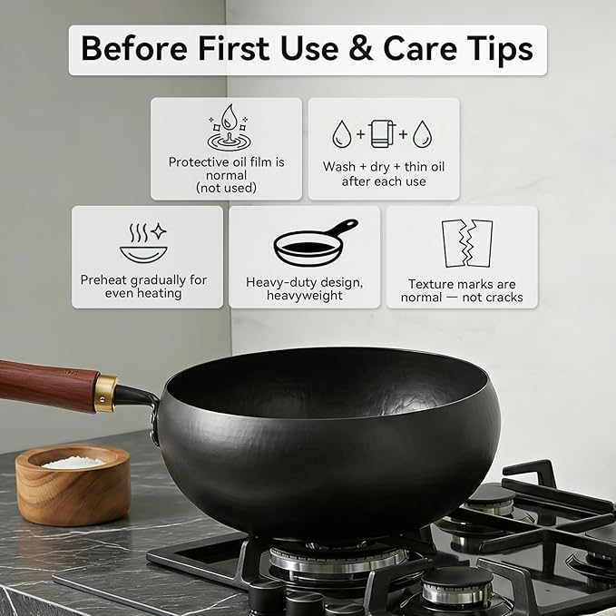 WANGYUANJI 9.5" Carbon Steel Wok - [Heavy-Duty & Thickened Base] - Deep Bowl Stir Fry Pan for Induction, Electric & Gas - Warp-Resistant, Splatter-Free Design with Lid (1-2 Person)