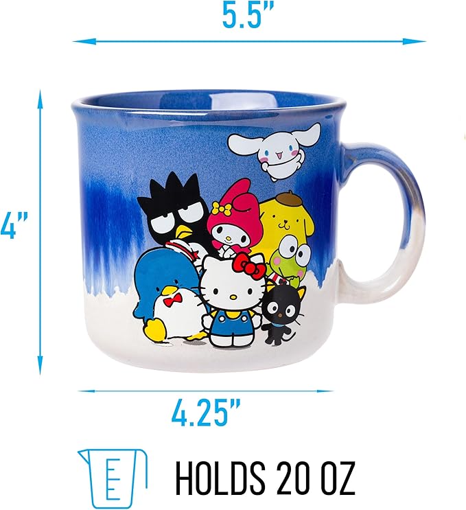 Silver Buffalo Sanrio Hello Kitty and Friends Featuring Chococat, Tuxedo Sam, Badtz-Maru, My Melody, Pompompurin, Keroppi, and Cinnamoroll Reactive Glaze Ceramic Camper Mug, 20 Ounces