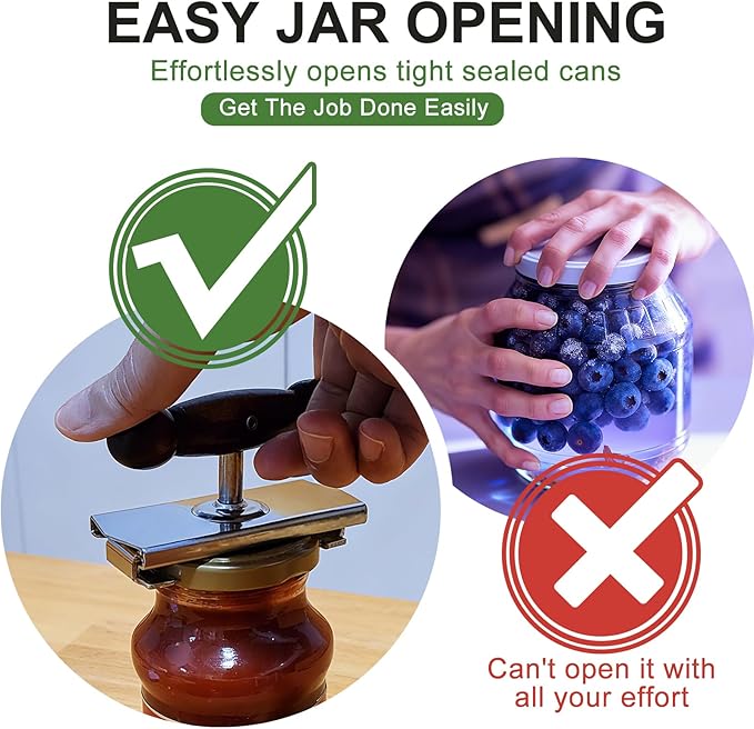Aesthetic Oak Handle Effortless Jar Opener - Heavy-Duty 304 Stainless Steel Adjustable Cap Crack, Strong Grip for Senior & Weak Hand - Physical Leverage Manual Lid Remover Kitchen Aid Tool