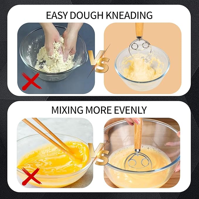 Danish Dough Whisk, Stainless Steel Dutch Whisk with Wooden Handle, Bread Mixer Tool for Sourdough Baking, Pastry & Pizza