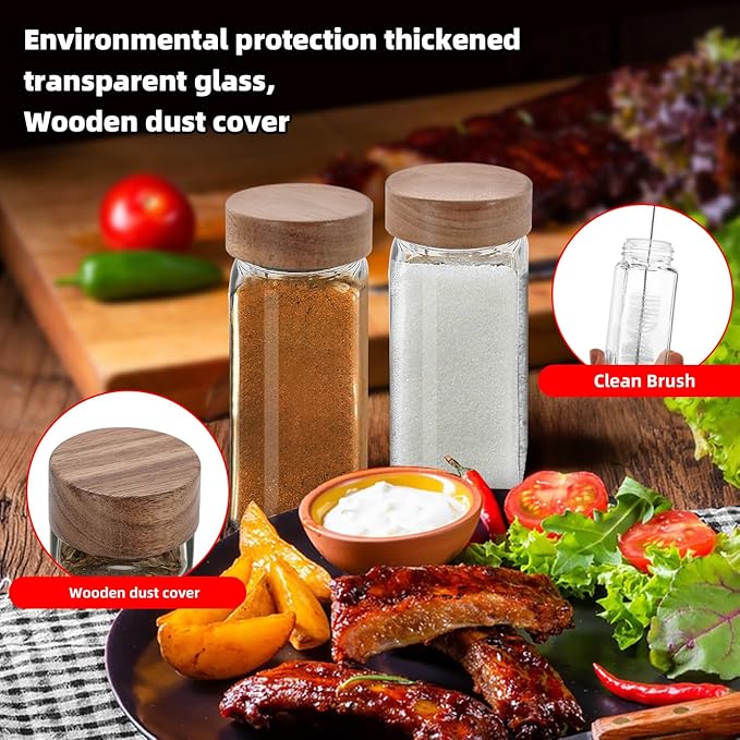 4Pcs 4oz Glass Spice Jars with Shaker Lids, Spice Jars Trial Set & Supplement Set, Empty Spice Containers and Square Spice Bottles for Kitchen (Wooden Lids)