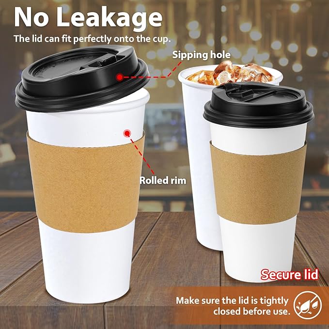 50 Pack 20 oz Disposable Coffee Cups with Lids and Insulated Sleeves, Leak-free Paper and Sturdy Thick Paper Hot to Go Coffee Cups with Lids for Cold/Hot Beverage (White)