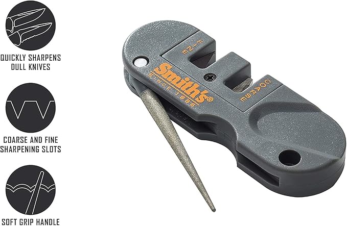 Smith's PP1 Pocket Pal Knife Sharpener Preset Carbide & Ceramic Stone Sharpeners Fold-Out Diamond Coated Rod Outdoor Hunting Knife & Hook Sharpener, Handheld, Compact, Lightweight, Multiuse