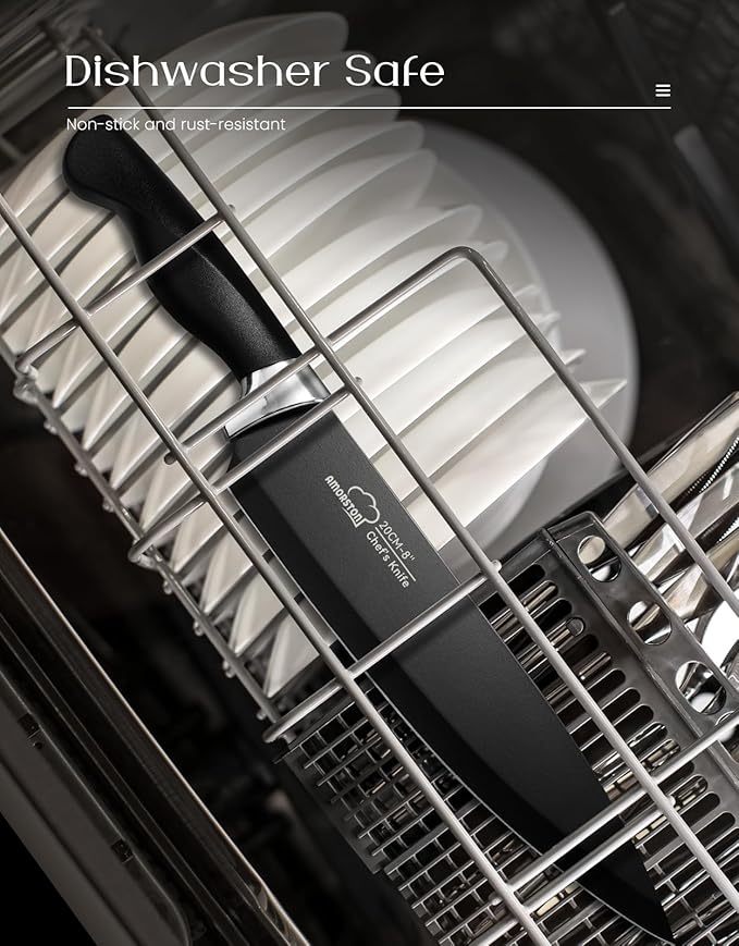Amorston Knife Set, 15 Pieces Kitchen Knives Set with Block and Built in Sharpener, Dishwasher Safe Knife Block Set, German Stainless Steel Knife Block Set for Home Kitchen Gifts, Black