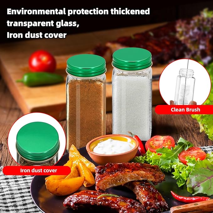 2Pcs 4oz Glass Spice Jars with Shaker Lids, Spice Jars Trial Set & Supplement Set, Empty Spice Containers and Square Spice Bottles for Kitchen (Green iron Lids)