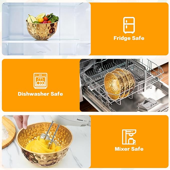 Stainless Steel Mixing Bowls Set, 5PCS Gold Hammered Bowls, 4.9/4.2/3.2/2.1/1.6QT Mixing Bowls for Kitchen, Nesting Design Serving Bowls