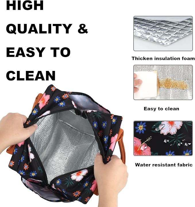 Joymee Lunch Bag Women Insulated Lunch Box Reusable Leakproof Large Spacious Cooler Tote for Women Men Adult with Bottle Holder and Side Pockets for Work Office Travel Picnic -Black Floral