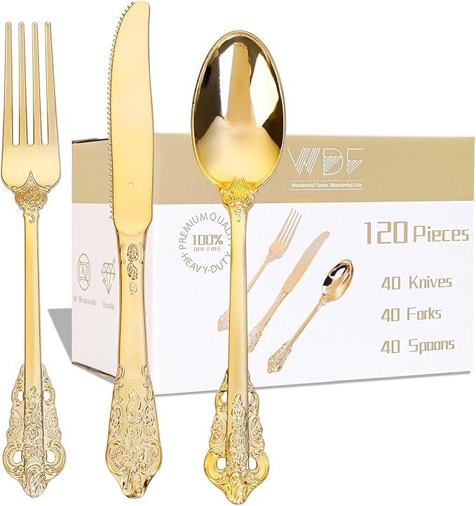 WDF 120PCS Gold Plastic Silverware - Heavy Duty Gold Plastic Cutlery Set Disposable Utensils - 40 Forks, 40 Spoons, 40 Knives, Perfect for Party Weeding Daily Use Baby Showe Spring