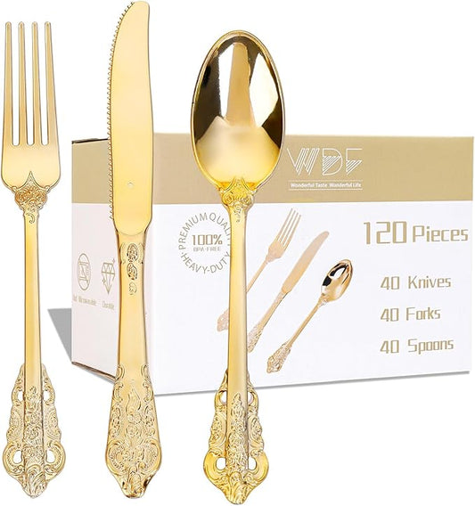 WDF 120PCS Gold Plastic Silverware - Heavy Duty Gold Plastic Cutlery Set Disposable Utensils - 40 Forks, 40 Spoons, 40 Knives, Perfect for Party Weeding Daily Use Baby Showe Spring