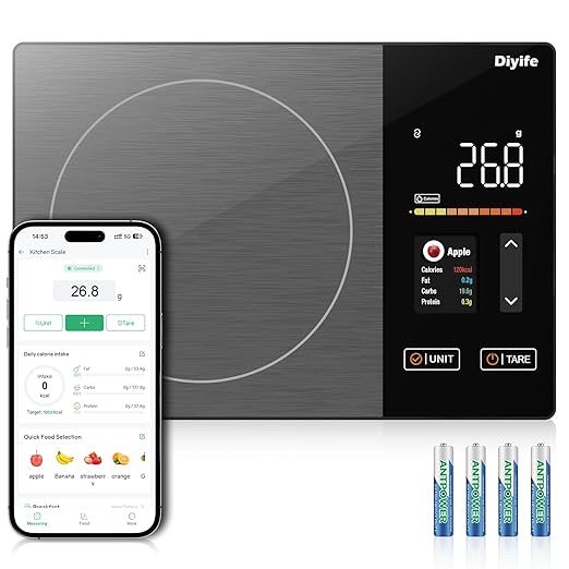 Smart Nutrition Food Scale with 2" TFT Display, Diyife Kitchen Scale with Nutritional Calculator, Calorie, Fat, Carb, Protein Tracking, 50 Food Preload, Support for App Customization, Battery-Powered