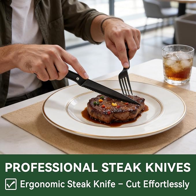 49 Pieces Black Silverware Set with Steak Knives, Stainless Steel Silverware with Organizer Flatware Utensils Set for 8, Forks and Spoons Silverware Set Cutlery Set