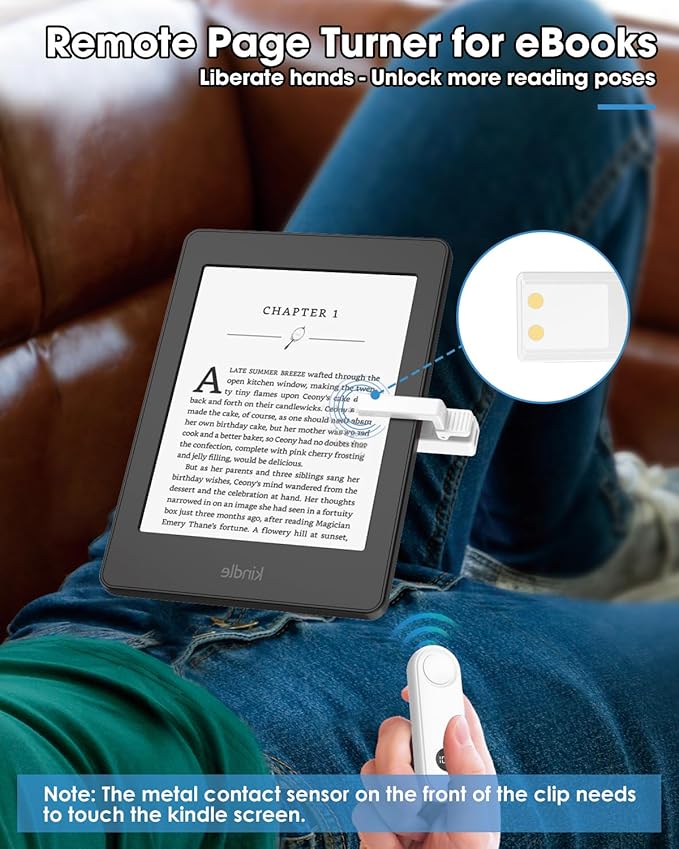 Remote Page Turner for Kindle Reading Accessories, Clicke for iPad iPhone Android Tablets E-Book Reading Noels, Camera Remote Shutter Selfie Controller, White
