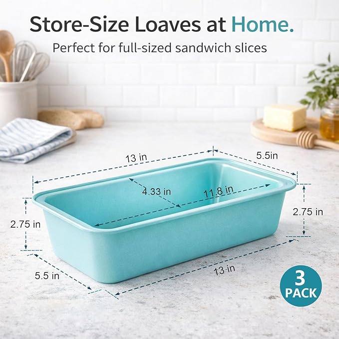 3-Pack 13x5 Nonstick Loaf Pan, 450°F Oven Safe Carbon Steel Bread Pans for Easy Release & Quick Clean, Ideal for Home Bakers Baking Banana Bread, Meatloaf, Cake & Sourdough