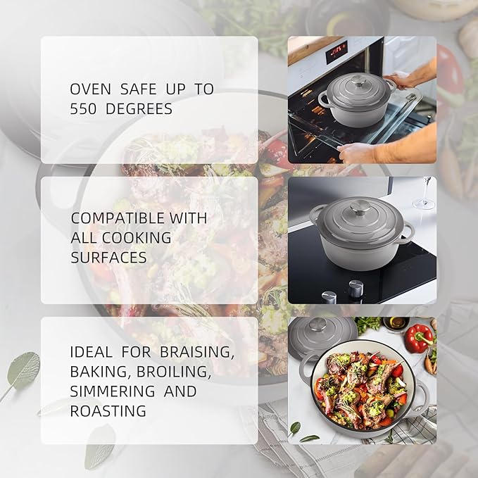 4 Quart Dutch Oven Enameled Cast Iron with Lid - Big Dual Handles - Oven Safe up to 500°F - Classic Round Pot for Versatile Cooking Light Gray
