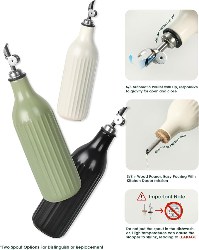 FE FUN ELEMENTS Olive Oil Dispenser Bottle, 19 oz Oil Dispenser for Kitchen and Vinegar Dispenser Bottle, Suitable for Vinegar, Coffee Syrups & Other Liquids, White and Green Set of 2