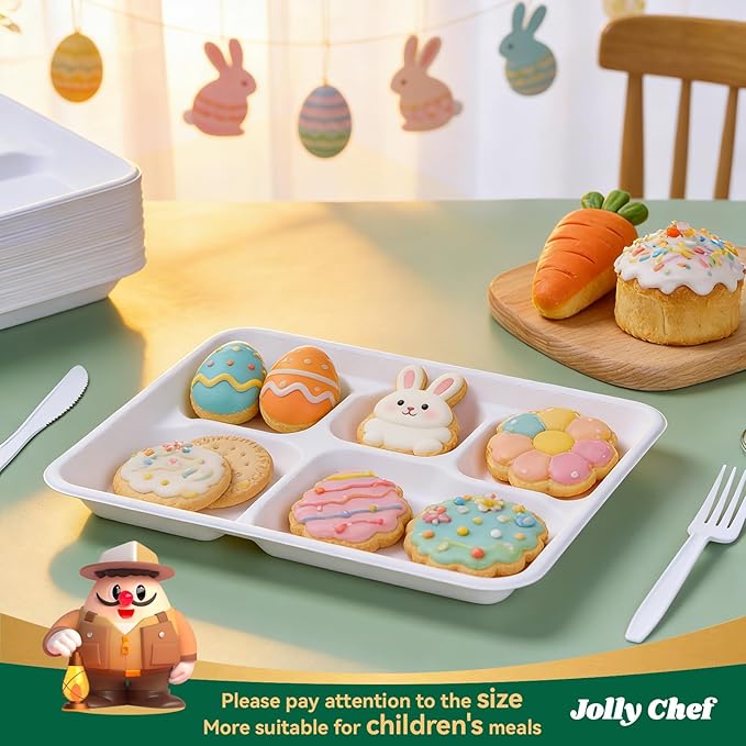 JOLLY CHEF Compostable 𝟱 Compartment Paper Plates 10*8.25*1 𝗶𝗻𝗰𝗵 [𝟭𝟮𝟱 𝗣𝗮𝗰𝗸] Small Heavy Duty Divided Disposable White Eco-Friendly Biodegradable Food Tray for School Lunch Dinner Christmas