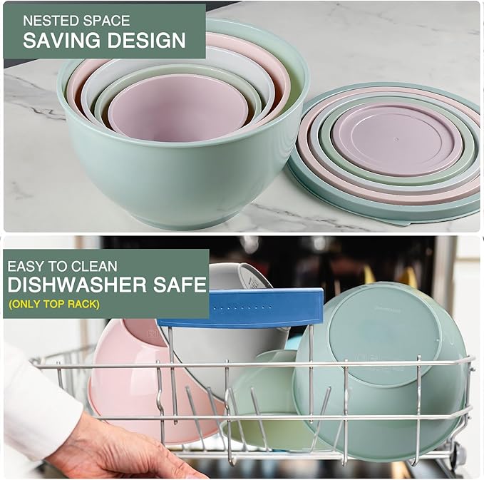 Plastic Mixing Bowls with Lids Set for Kitchen, Nesting Bowls for Mixing, Baking, Prepping, Cooking and Serving Food, Mixing Bowls Dishwasher, Microwave Safe(Pink)