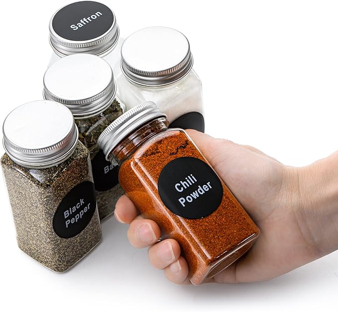 WUWEOT 24 Pack Plastic Spice Jars, 4 oz Spice Bottle Square Seasoning Containers, Reusable Salt Pepper Shaker with Airtight Lid Labels and Funnel for Spice, Herbs, Powder and Glitters